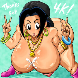 2d ass backwards_baseball_cap big_ass big_breasts black_hair bracelet breasts chichi chichi_(bulma's_party) dragon_ball dragon_ball_super dragon_ball_z female footwear full_color hoop_earrings huge_breasts milestone_celebration milf necklace nipples no_penetration nude nude_female peace_sign superspacewarrior thick_thighs