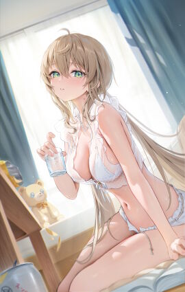 absurdres bikini breasts brown_hair can cleavage commentary cup curtains female green_eyes hair_between_eyes hickey highres holding holding_cup houkiboshi_(mmjw7432) indoors large_breasts long_hair looking_at_viewer navel original parted_lips see-through sitting solo stuffed_animal stuffed_toy swimsuit symbol-only_commentary teddy_bear thighs water white_bikini