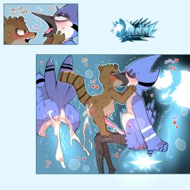 1futa 2boys anal anal_sex anthro ass avian biped bird black_nose blue_body blue_feathers blue_jay bodily_fluids brown_body brown_fur cartoon_network cold-blooded-twilight corvid creamy_cum cum cum_in_ass cum_inside dialogue erection feathers french_kissing fur futanari genital_fluids genitals group hi_res intersex jay_(bird) kissing male male/male mammal mordecai_(regular_show) multicolored_body new_world_jay nonstop_nut_november nude oscine passerine penetration penile penile_penetration penis procyonid raccoon regular_show rigby_(regular_show) sex sitting_on_another teeth text tongue trio white_body