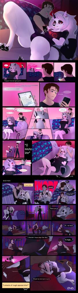 1boy 1girls 1rainyday1 2d 2d_(artwork) anthro canid canid_demon comic comic_panel demon demon_girl ear_grab ear_massage ear_scratch female furry hellhound helluva_boss human loona_(helluva_boss) male male/female male_human/female_anthro massage massaging no_nude original_character safe safe_for_work tagme tail_grab vivienne_medrano vivziepop wholesome