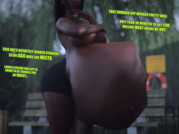 1girls 3d ambiguous_prey belly belly_bulge big_belly big_belly_bulge big_breasts black_hair breasts covering_breasts dark-skinned_female dark_skin diskdata female female_pred milf milf_pred oral_vore original original_character partially_nude same_size_vore soft_vore squirming squirming_gut topless topless_female underboob vore vore_belly