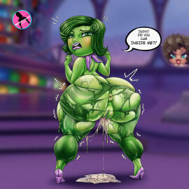 1girls 2d anus ass big_ass cum cum_in_pussy cum_inside detailed dialogue disgust_(inside_out) female footwear full_color green_eyes green_hair green_skin inside_out leggings no_penetration pussy ripped_clothing ripped_pants shortstack solo solo_female text thick_ass thick_thighs