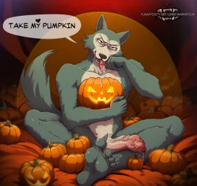 anthro beastars bodily_fluids canid canine canis dialogue dripping english_text feet food foreskin fruit genital_fluids genitals halloween halloween_theme heart_symbol hi_res hindpaw holidays humanoid_feet humanoid_genitalia humanoid_penis jack-o'-lantern leaking_precum legoshi_(beastars) long_foreskin male male_only mammal markedium nude paws penis plant plantigrade precum precum_drip pumpkin saliva saliva_string sitting soles solo speech_bubble text tongue tongue_out uncircumcised unretracted_foreskin vein veiny_foreskin veiny_penis wolf