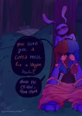 5_fingers absurd_res against_natural_surface against_surface against_tree ambiguous_penetration anthro basket blush bodily_fluids bottomwear bottomwear_down clothing container duo female fingers forest glitch_productions hands_on_shoulders heart_symbol hi_res humanoid jax_(tadc) lagomorph larger_female leporid looking_pleasured male male/female mammal motion_lines night one_eye_closed overalls_down penetration picnic_basket picnic_blanket plant pomni_(tadc) rabbit rule_63 sex size_difference smaller_male speech_bubble standing standing_sex teasing the_amazing_digital_circus tree wormmourner