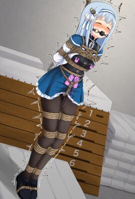 arms_behind_back assault_lily ball_gag black_shirt black_shorts blue_eyes blue_hair blue_hairband blue_ribbon blue_sailor_collar blue_skirt blush bondage bound bound_ankles bound_legs bound_together breasts brown_pantyhose buttons closed_eyes commentary_request covered_nipples crotch_rope drooling dutch_angle egg_vibrator female femuto frilled_skirt frills full_body gag gagged hair_ribbon hairband herensuge_girls_academy_school_uniform highres indoors loafers long_hair mat medium_breasts miniskirt neck_ribbon nipple_stimulation nose_blush open_clothes open_shirt pantyhose pleated_skirt pussy pussy_juice raised_eyebrows remote_control_vibrator restrained ribbon rope sailor_collar saliva saliva_trail school_uniform serafuku sex_toy shadow shibari_over_clothes shirt shirt_tucked_in shoes shorts skirt solo standing sweat trembling tsuboi_nanaho two-tone_hairband two-tone_ribbon vaulting_horse vibrator vibrator_on_nipple vibrator_under_clothes wet wet_clothes wet_pantyhose wet_shirt white_hairband white_ribbon white_shirt