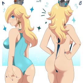 1girls absurd_res ass back_view big_ass blonde_hair breasts comparison curvy female hands_on_ass hands_on_hips karbuitt light-skinned_female light_skin looking_at_viewer looking_back looking_back_at_viewer mario_(series) nintendo one-piece_swimsuit princess_rosalina rear_view sideboob sling_bikini super_mario_bros. super_mario_galaxy swimsuit thighs