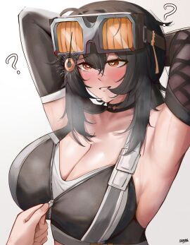 1boy 1girls ? altered_common_sense armpits arms_behind_back arms_up black_hair blush change_in_common_sense choker common_sense_change eroborne female glasses glasses_on_head gloves grace_howard hypnosis hypnotized imminent_rape imminent_sex implied_rape light-skinned_female light_skin male mind_control simple_background unaware unaware_hypnosis unzipping zenless_zone_zero