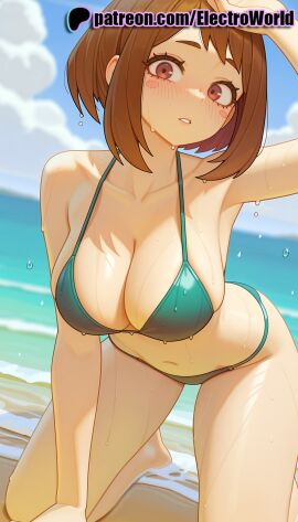 1girls 2025 ai_generated all_fours artist_name beach bikini blue_sky blush boku_no_hero_academia breasts brown_eyes brown_hair bust chest cloud day electroworld female green_bikini hi_res high_quality high_resolution highres horizon my_hero_academia ocean ochako_uraraka outdoors patreon patreon_username short_hair sky solo stable_diffusion swimsuit water watermark wet