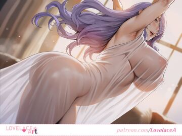 ai_generated big breasts camilla_(fire_emblem) depth_of_field fire_emblem happy lovelacea naked_sheet nude purple_hair see-through_clothing uncensored
