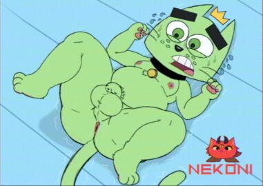 2024 anus ass balls big_ass big_butt black_collar black_nose bodily_fluids chubby chubby_feral collar collar_only collar_tag cosmo_(fop) crown digital_media_(artwork) domestic_cat felid feline felis feral fur gay genitals green_body green_ears green_eyes green_fur green_tail half-closed_eyes headgear inside looking_at_another lying lying_on_ground male mammal moobs narrowed_eyes nekoni nervous nickelodeon nipples nude on_back on_ground overweight overweight_feral overweight_male penis pink_nipples quadruped small_penis solo sweat tail teeth the_fairly_oddparents thick_thighs tongue vhs_filter whiskers