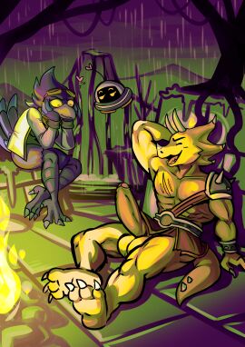 2025 absurd_res anthro avian avian_feet balls beak big_penis bird black_body black_feathers blue_body blue_feathers bottomwear brown_bottomwear brown_clothing brown_loincloth campfire ceratopsian cerealharem chest_scar claws closed_eyes clothing dinosaur duo erection eyebrows facial_horn fangs feathers feet female fire genitals grey_beak grey_claws grey_clothing grey_shirt grey_topwear hand_on_head heart_eyes heart_symbol hi_res horn humanoid_genitalia humanoid_penis ineffective_clothing jacket kyrie_(ultilix) leaning leaning_forward loincloth looking_at_another looking_down machine male nose_horn orange_body orange_eyes orange_scales ornithischian penis prehistoric_species raining raised_eyebrows reptile robot scales scalie scar scuted_legs scutes sharp_teeth shirt sitting smile talons tan_penis teeth thick_penis toe_claws toes topwear triceratops white_clothing white_jacket white_topwear yellow_balls yellow_body yellow_scales yellow_sclera