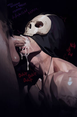 2boys adam's_apple balls bare_shoulders black_pubic_hair blowjob blue_eyes call_of_duty call_of_duty_modern_warfare_2_(2022) chest_tattoo collar commentary cum cum_in_mouth cum_overflow dog_tags ejaculation english_commentary english_text erection fellatio gay genitals ghost_(modern_warfare_2) highres kneeling leg_hair looking_up male male_focus male_only male_pubic_hair mask multiple_boys multiple_males open_mouth oral oral_sex orgasm out_of_frame penis profile pubic_hair scar scar_on_neck sex simon_riley skull_mask solo_focus sound_effects suck_him_dry swallowing_cum tattoo testicles topless_male veins veiny_penis voidbringerr yaoi