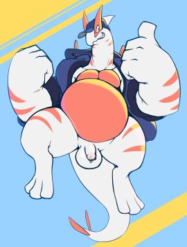 absurd_res anthro balls baseball_cap belly big_belly bottomless chibsarts clothed clothing digitigrade flaccid foreskin generation_2_pokemon genitals gesture hand_gesture hat headgear headwear hi_res hoodie legendary_pokemon luchia lugia male male_only musclegut muscular nintendo open_clothing open_hoodie open_topwear pecs penis pink_body pink_scales pokemon pokemon_(species) scales solo solo_male thumbs_up topwear uncircumcised white_body white_scales
