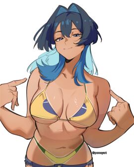 absurdres bikini black_hair blue_eyes blue_hair brazilian_flag_bikini breasts closed_mouth colored_inner_hair female flag_print flag_print_bikini highres hololive hololive_english large_breasts multicolored_hair navel ouro_kronii pointing pointing_at_self pomuya print_bikini simple_background solo swimsuit tan tanline twitter_username virtual_youtuber white_background
