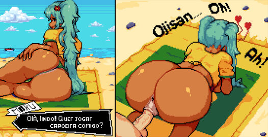1girls anonymous_male anus ass ass_focus baldur_89 beach bent_over big_ass big_breasts big_butt big_penis bikini blue_hair brazil brazilian brazilian_female brazilian_miku breasts bubble_butt clothing comic dialogue doggy_style female flirting flower from_behind from_behind_position green_eyes green_hair hatsune_miku kneeling legs_together light-skinned_male light_skin long_hair looking_at_viewer looking_back lying lying_on_side male outdoors outside penetration penis pixel_art ponytail pussy rose sea seaside sex shirt spread_legs tan tan-skinned_female tan_body tan_skin tanline tanned tanned_skin text twintails unseen_male_face vaginal_penetration vaginal_sex vocaloid wide_hips