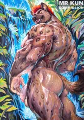 1boys 2025 anthro ass back_muscles balls bara brown_body brown_fur claws deltoids finger_claws flaccid forearm_muscles fur genitals grass hair hi_res hyena looking_at_viewer looking_back looking_back_at_viewer male mammal markings mrkun muscles muscular muscular_thighs nipples nude open_mouth painting_(artwork) pecs penis plant pubes rear_view red_hair rock smile solo spots spotted_body spotted_fur spotted_hyena tail traditional_media_(artwork) traditional_painting_(artwork) tree triceps vein veiny_penis waterfall yaoi