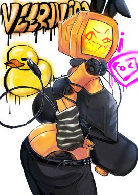 1girls 2025 artist_name ass ass_out ayame4mari belt big_ass black_bunny_ears black_clothing black_crop_top black_pants black_stripes blush breasts bunny_ears bunny_veeronica character_name clothed clothed_female clothing crop_top elbow_pads female female_only fingerless_glove forsaken_(roblox) graffiti graffiti_on_wall headphones headphones_around_neck looking_at_viewer looking_to_the_side medium_breasts open_mouth pants_down roblox roblox_game robloxian robot robot_girl showing_ass side_view sideboob simple_background smile smug solo standing striped_glove striped_handwear tail tail_plug thighs tv_head tv_head_robot veeronica white_background white_stripes