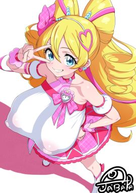 1girls aged_up big_breasts breasts clothed cure_idol female idol jabara_tornado kimi_to_idol_precure light-skinned_female light_skin magical_girl nipples_visible_through_clothing peace_sign precure pretty_cure sakura_uta solo toei_animation