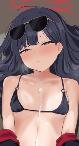 absurdres bikini black_bikini black_eyes black_hair blue_archive blush breasts commentary cum cum_on_body eyewear_on_head female halo highres ichika_(blue_archive) ichika_(swimsuit)_(blue_archive) long_hair looking_at_viewer o-ring o-ring_bikini o-ring_top official_alternate_costume parted_lips red_halo small_breasts solo sunglasses swimsuit upper_body variant_set ykt_scl