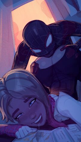 1boy 1girls 2d 2d_(artwork) ass asymmetrical_hair big_ass big_butt blonde_hair bubble_ass bubble_butt canon_couple color couple dark-skinned_male dark_skin eating_ass face_down_ass_up female ghost-spider gwen_stacy gwen_stacy_(spider-verse) honi_do illustration large_ass light-skinned_female light_skin male male_rimming_female marvel marvel_comics miles_morales pleasure_face pleasured rimjob rimming rimming_female romantic_couple saliva_trail satisfied_look shaved_side short_hair spider-gwen spider-man spider-man:_across_the_spider-verse spider-man:_into_the_spider-verse spider-man_(series) superhero superhero_costume superheroine