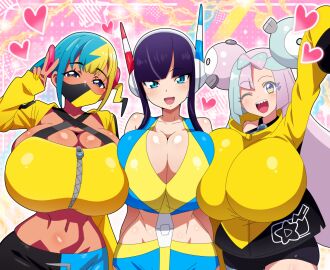 3girls absurdres alternate_breast_size bandeau bare_shoulders big_breasts bimbo bimbo_boobs bimbofication black_halterneck breasts canari_(pokemon) canary_(pokemon) clothed clothed_female creatures_(company) criss-cross_halter electric_type_gym_leader electricity elesa_(pokemon) elesa_(pokemon_bw2) face_mask facemask female game_freak gyaru gym_leader halterneck highres hitokiwa_kenchin huge_breasts iono_(pokemon) kamitsure_(pokemon) kamitsure_(pokemon_bw2) kusogaki large_breasts mostly_clothed mouth_mask multicolored_hair multicolored_mask multicolored_pants multiple_females multiple_girls nail_polish nanjamo_(pokemon) nintendo pokemon pokemon_bw pokemon_bw2 pokemon_legends:_z-a pokemon_sv pop_star streamer tagme thunder tomboyish trio two-tone_hair two-tone_mask two-tone_pants v yellow_nails