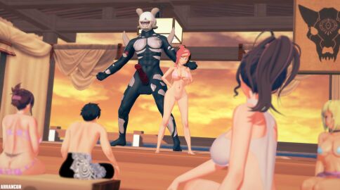 1boy 1monster 3d 4girls arrancon bikini bikini_bottom bikini_top blonde_female blonde_hair brown_hair brown_hair_female cleavage female grimm_(rwby) height_difference male monster monster_cock multicolored_hair neo_(rwby) rwby