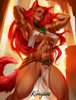 1girls abs arms_behind arms_behind_head breast_curtains breasts commission female fox_ears fox_girl fox_tail green_sclera head kurogami large_breasts looking_at_viewer patreon red_hair reward self_upload solo speedpaint standing yellow_eyes