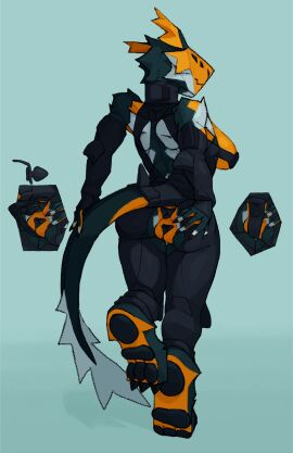 4_eyes absurd_res anal_plug anthro anus breasts buttplug buttplug_clothing claws clothing female genitals hi_res kofomy multi_eye orange_body pawpads plug_(sex_toy) pussy sex_toy simple_background solo spread_pussy spreading standing tight_clothing