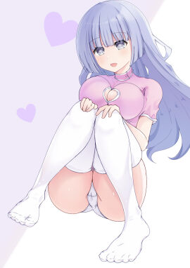 2d 2d_(artwork) ass big_breasts breasts cleavage cleavage_cutout date_a_live exposed_pussy female female_only grey_eyes grey_hair izayoi_miku kuro1tanaka light-skinned_female light_skin long_hair panties pussy sitting sitting_on_floor socks solo solo_female thigh_socks thighhighs thighs white_socks