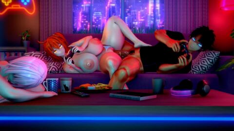 3d big_breasts big_penis blue_eyes cum cum_in_pussy cum_inside fate/grand_order fate_(series) fujimaru_ritsuka_(female) fujimaru_ritsuka_(male) gudako gustavo40 koikatsu mash_kyrielight neon_lights orange_hair panties panties_aside sixpluswan sound tagme tv_remote video video_game_controller