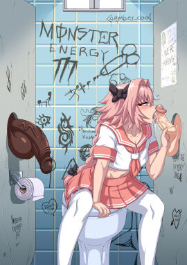 1femboy 3boys astolfo_(fate) balls big_balls big_penis clothing dark-skinned_male dark_skin ember_cool fat_cock fate/grand_order fate_(series) fellatio femboy girly glory_hole huge_cock licking licking_penis light-skinned_femboy light-skinned_male light_skin male male_focus male_only navel penis penis_licking penis_size_difference skirt stockings thick_penis toilet white_stockings