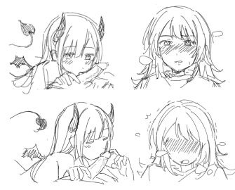 2girls bang_dream! bang_dream!_it's_mygo!!!!! blush closed_eyes demon_girl demon_horns demon_tail fellatio female futa_with_female futanari greyscale highres horns intersex jenjen medium_hair monochrome multiple_females multiple_girls open_mouth oral penis protected_link tail wakaba_mutsumi yahata_umiri