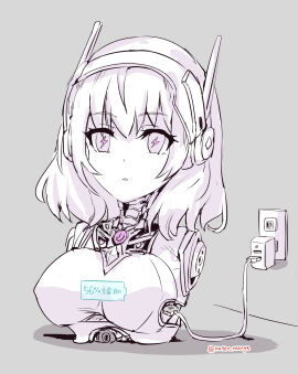 1girls armless big_breasts black_and_white breasts cable charging charging_cable charging_device core_crystal croce_(princess_connect!_re:dive) deactivated dismantled earphones empty_eyes exposed_neck female grey_background hair_between_eyes headgear headphones lightning_bolt_symbol mechabare metallic_neck missing_arm neutral_expression no_color power_button princess_connect! princess_connect!_re:dive robot robot_girl robot_humanoid robot_joints robotic_reveal short_hair sideboob_cutout solo solo_focus upper_body upper_body_focus