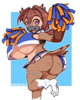 anthro ass avian big_ass big_breasts biped bird bottomwear breasts clothed clothing eyebrows eyelashes female looking_at_viewer looking_back mouth_closed nightowlartx nyx_(nightowl) owl pupils simple_background skirt smile solo thick_thighs thong three-quarter_view underwear