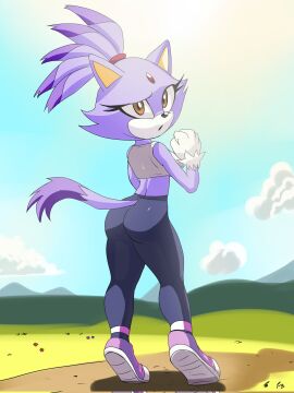 blaze_the_cat bubble_butt gym_clothes leggings looking_back sonic_(series) soranygy sports_bra