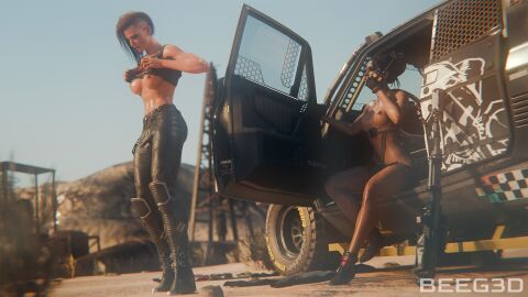 2girls 3d abs afro-native ass beeg3d belt boots boots_only breasts brown_skin cd_projekt_red cyberpunk_2077 dark-skinned_female dark_skin female female_only hair_bun interracial lesbian_sex light-skinned_female light_skin nude nude_female panam_palmer sand straps sweat sweaty_body topless topless_female v_(cyberpunk_2077) valerie_(cyberpunk_2077) yuri