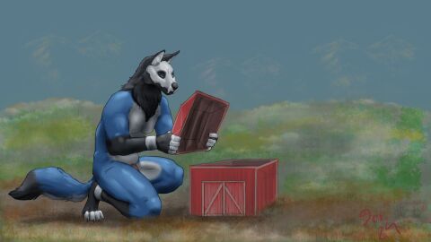 2024 anthro barn barn_door black_body black_fur black_tail blue_body blue_eyes blue_fur blue_sky blue_tail bone canid canine claws colored detailed_background feet flaccid fur genitals hi_res jeri_kleinlowe kneeling macro macro_male macro_march male mammal mountain_range nude nude_macro nude_male outside penis pink_penis red_text signature skull skull_head sky solo tail text white_body white_fur