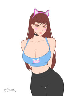 1girls breasts cat_ears cleavage curvy d.va escort female hana_song leggings light-skinned_female light_skin neckline overwatch overwatch_2 pretty_girl shio_aw simple_background solo solo_female sports_bra