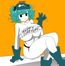 1girls artist_name barely_clothed big_breasts blue_hair blush blush_lines boots breasts cyan_hair english_text fanart female happy_birthday hat long_gloves meme mob_face nitori_kawashiro nono_(notnoe) orange_background partially_clothed seireiart sitting smile text thick_thighs thighs thong touhou twintails underboob watermark waving white_skin