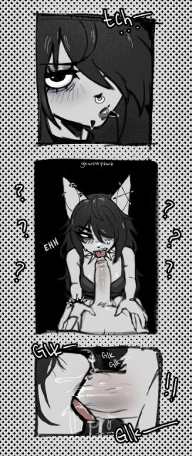 anthro bodily_fluids collar duo eyelashes felid feline fellatio female ghwostpawz gray_(ghwostpawz) grumpy male male/female mammal multiple_piercings open_mouth oral penile penis piercing saliva sex side_view smug_face spit_bubble teasing tongue tongue_out trans_woman transfem