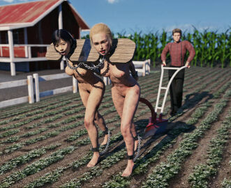 1boy 2girls 3d ankle_cuffs arms_behind_back arms_tied_behind_back asian_female barefoot black_hair blonde_hair bondage breasts chained chained_ankles chains clothed_male_nude_female collar cuffs day daytime double_yoke evan_(fantasytubasa) fantasytubasa farm farm_work female femsub forced_labor full_body linked_collar male multiple_females multiple_girls multiple_subs nude nude_female original outdoors pillory plow plow_pulling plowing pony_girl ponygirl ponyplay rachel_(fantasytubasa) simple_background slave slave_girl slave_labor wooden_fence wrist_cuffs yoke