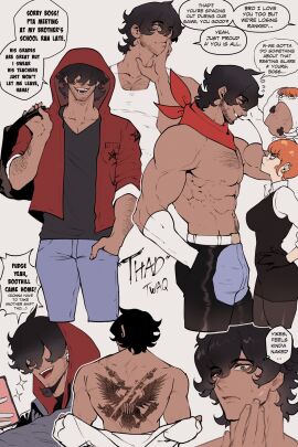 1boy 1girls 2d back_tattoo bangs bangs_over_eyes black_hair brown_hair dark-skinned_male dark_hair dark_skin dialogue digital_media_(artwork) english_text facial_hair female glasses hair hairy hairy_chest hi_res light-skinned_female light_skin male male_focus muscles muscular muscular_male orange_hair original short_hair size_difference smaller_female speech_bubble taller_male tattoo thad_(nyantcha) thiccwithaq white_background