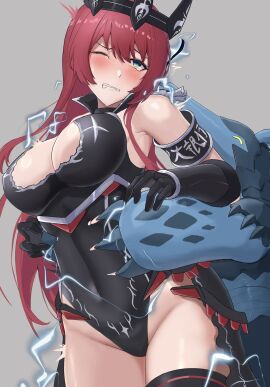 1boy 1girls aku_(the_battle_cats) animal anteater belly belly_button blue_scales blush breasts captured clothed clothed_female clothed_female_nude_male crying crying_with_eyes_open digital_media_(artwork) drooling electric_shock electricity electrocution electrostimulation female from_behind galaxy_gals grabbing headmistress_jeanne human inner_sideboob licking licking_ear light_skin long_hair male mature_female motion_lines nyanko_daisensou one_eye_closed pained_expression penetration red_hair restrained sed_(d4vcmk) stunned teacher the_battle_cats thick_thighs thigh_strap thighs tight_clothing tongue vermilingua_rangmaster yellow_eyes