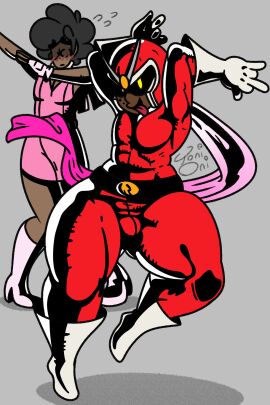 2boys belt belt_buckle black_hair blush blush_lines boots bulge bulge_through_clothing cape cosplay crossdressing dark-skinned_male dark_skin dress embarrassed eyeless_male femboy fingerless_gloves glasses gloves grey_background helmet jumpsuit looking_at_viewer male male_focus male_only mole mole_under_eye open_mouth original original_character posing scarf signature simple_background skin_tight tongue tongue_out toni_oni twink viewtiful_joe wide_hips yellow_eyes