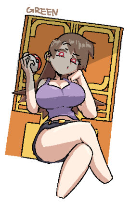 1girls bangs big_breasts breasts brown_hair crossed_legs ear_cuff ear_piercing english english_text female green_(pokemon) jean_shorts jeans_shorts large_breasts leebongchun pokeball pokemon purple_topwear red_eyes shorts sitting solo spiky_hair standard_pokeball