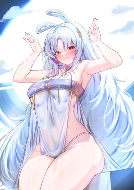 animal_ears armpits arms_up azur_lane bare_shoulders blush breasts cg closed_mouth covered_navel dress female hair_ornament hair_rings large_breasts long_hair looking_at_viewer multicolored_hair pelvic_curtain rabbit_ears rabbit_pose red_eyes red_hair see-through sideboob sitting smile solo strapless streaked_hair tallinn_(azur_lane) tallinn_(night_of_full_moon_and_overflowing_love)_(azur_lane) thighs very_long_hair white_hair