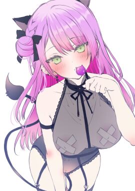 1girls animal_ears bandaid bandaids_on_nipples bare_shoulders bent_over black_bow black_ribbon blush bow breasts cat_ears collarbone cowboy_shot cross_pasties crossed_bandaids demon_tail ear_piercing earrings female female_only green_eyes hair_bun hairbow hanging_breasts highres holoforce hololive hololive_japan jewelry kemonomimi_mode light-skinned_female light_skin lingerie lollipop long_hair looking_at_viewer moo_(umineko) multi_ear official_alternate_hairstyle pasties paw_pose piercing pink_hair purple_hair ribbon see-through_clothes simple_background solo tail tokoyami_towa underwear virtual_youtuber white_background
