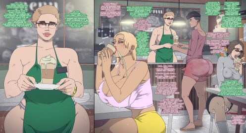 2boys 2girls amber_eyes apron apron_only ass black_hair blonde_female blonde_hair blush breasts brown-skinned_femboy brown_hair bulge bulge_through_clothing coffee_cup coffee_shop comic contingency cum cum_as_food cum_drinking cum_eating cum_in_mouth cum_on_body cum_on_breasts cum_on_face dialogue drinking_cum eating_cum eyshadow female female_masturbation femboy feminine_male flip_flops gay girly glasses heart heart_symbol huge_ass huge_breasts light-skinned_femboy makeup male masturbation moaning nipples nipples_visible_through_clothing onomatopoeia panels panties panties_aside penis pierced_ears piercing public_masturbation puffy_nipples sissy skirt socks tan-skinned_femboy text thong wobbling_ass yaoi