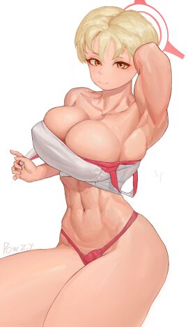 1girls abs armpits bare_shoulders blonde_hair blue_archive breasts cleavage collarbone female halo looking_at_viewer marina_(blue_archive) muscular muscular_female navel panties powziy red_panties short_hair simple_background solo thick_thighs toned underwear white_background