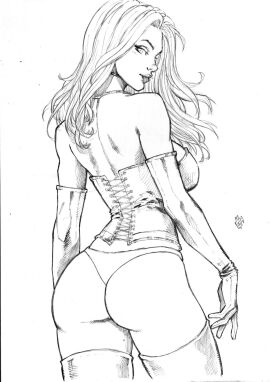 ass ass_focus black_and_white corset ed_benes_studio emma_frost female hellfire_club klin marvel marvel_comics thong thong_panties white_queen x-men